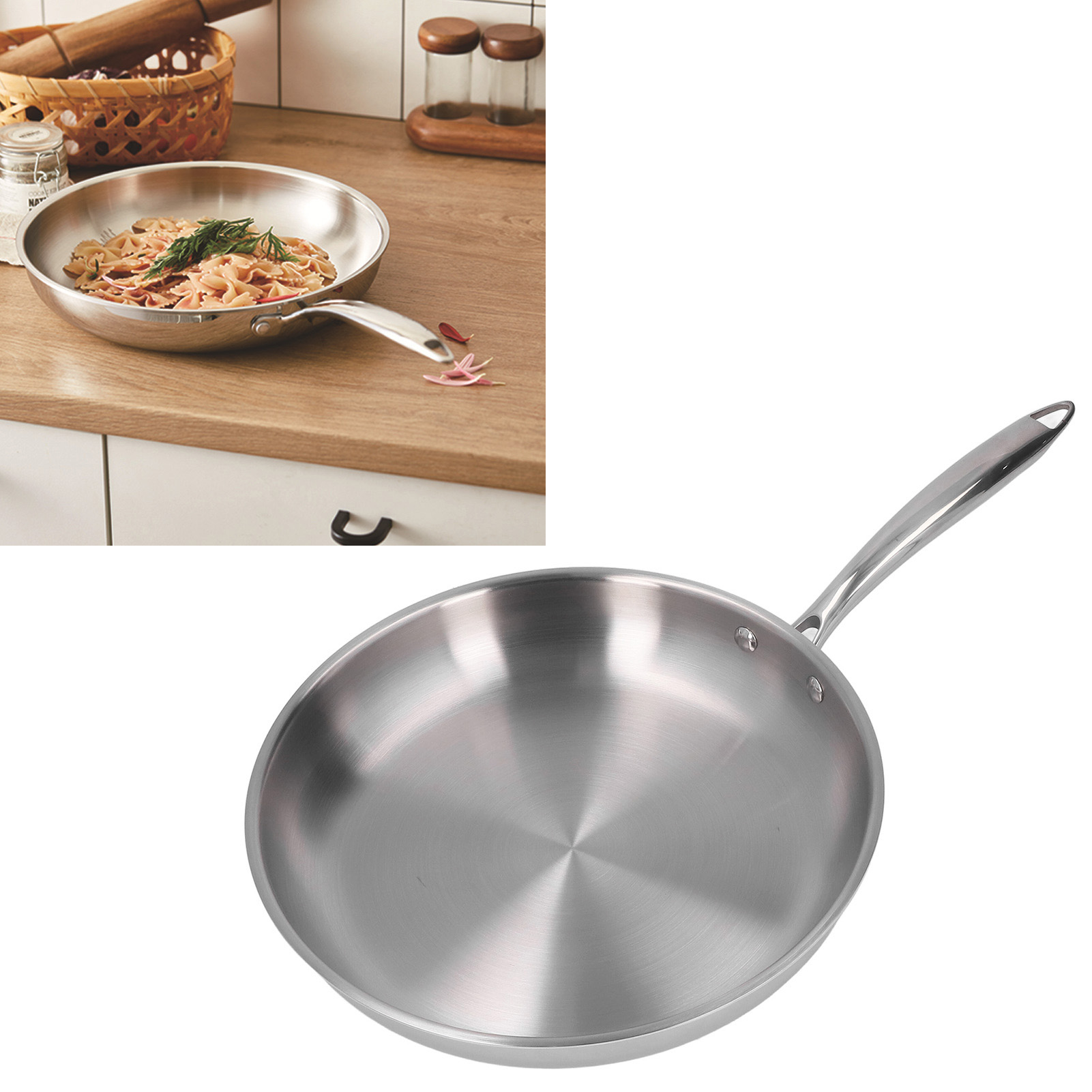 28cm/30cm stekepanner fortykket 304 ubelagte rustfritt stålpanner 3 lag i rustfritt stål for omelettkoking
