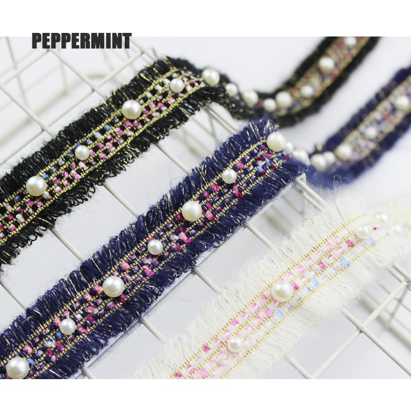 1yard Beaded Tweed Trim 3cm Gold Pearl Lace Sewing Trim Ribbon Fabric Handmade DIY Costume Dress Sewing Supplies Craft