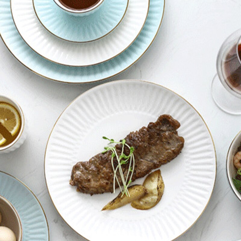 Assiette à dîner bol à soupe service de vaisselle bord blanc tournant Relief doré couverts en porcelaine de Steak
