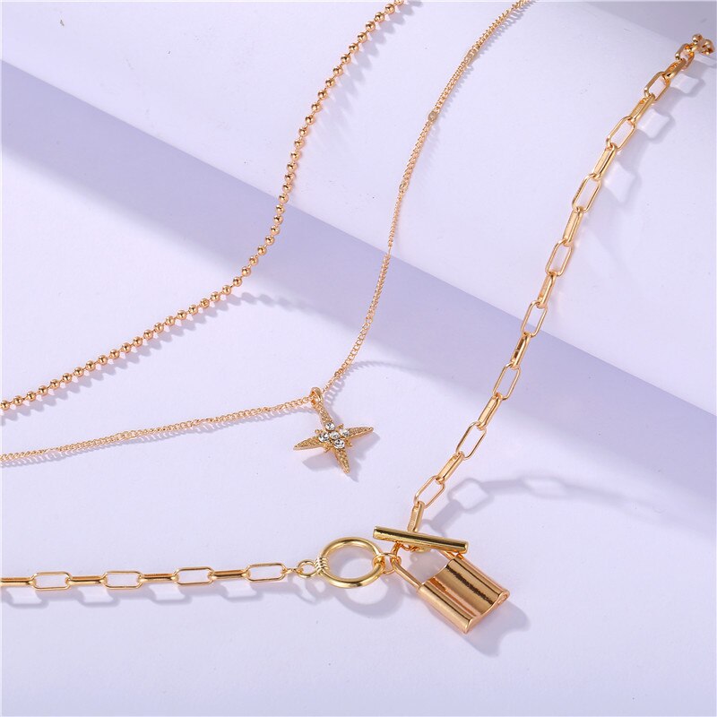 17KM Beads lock Necklace For Women Gold Color Bohemian Stars Pendants Necklaces Female Bijoux Jewelry