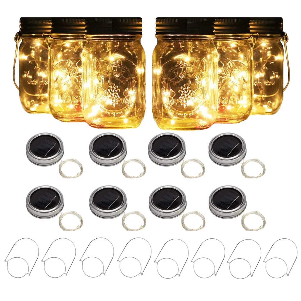 Solar--Einmachglas-Lichter mit 8 Griffen, 10 LED-Lichterketten, Feen-Solarlichter, Deckel, Glas-Dekoration, Garten, Party, Weihnachtsdekoration