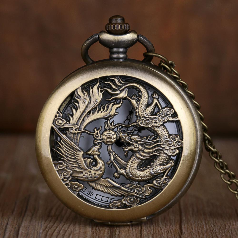 Stijl antieke steampunk holle draak en feniks gesneden holle kwarts zakhorloge vintage heren dames klok fob horloge