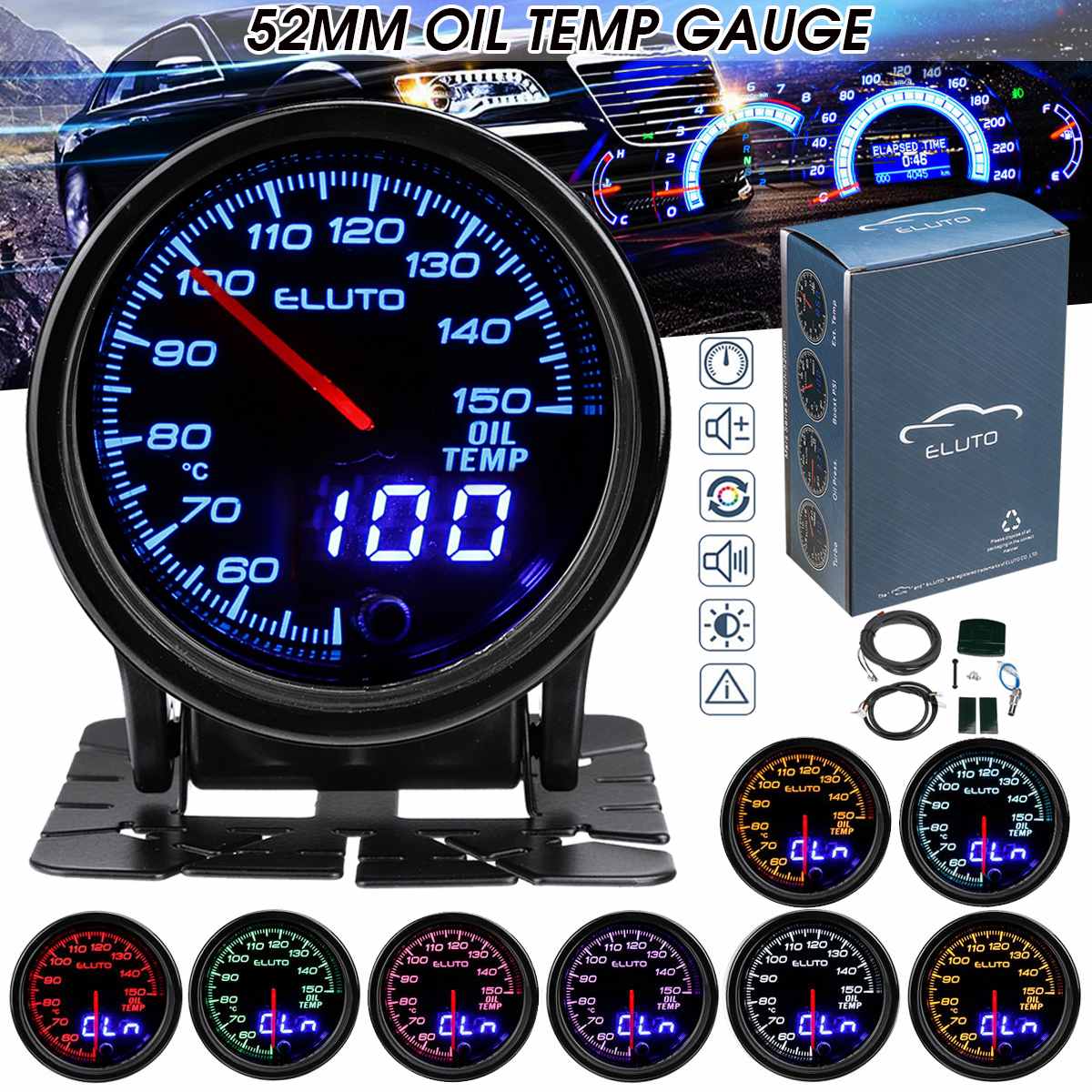2" 52mm Dual Digital Turbo Boost PSI Bar Water Oil Temp Pressure Volt EGT Gauge