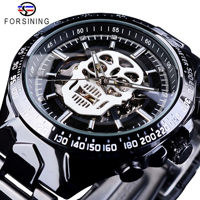 Forsining Brand Mannen Mechanische Horloges Spook Hoofd Schedel Skelet Automatische Zilver Rvs Sport Relogio: GMT1107-4