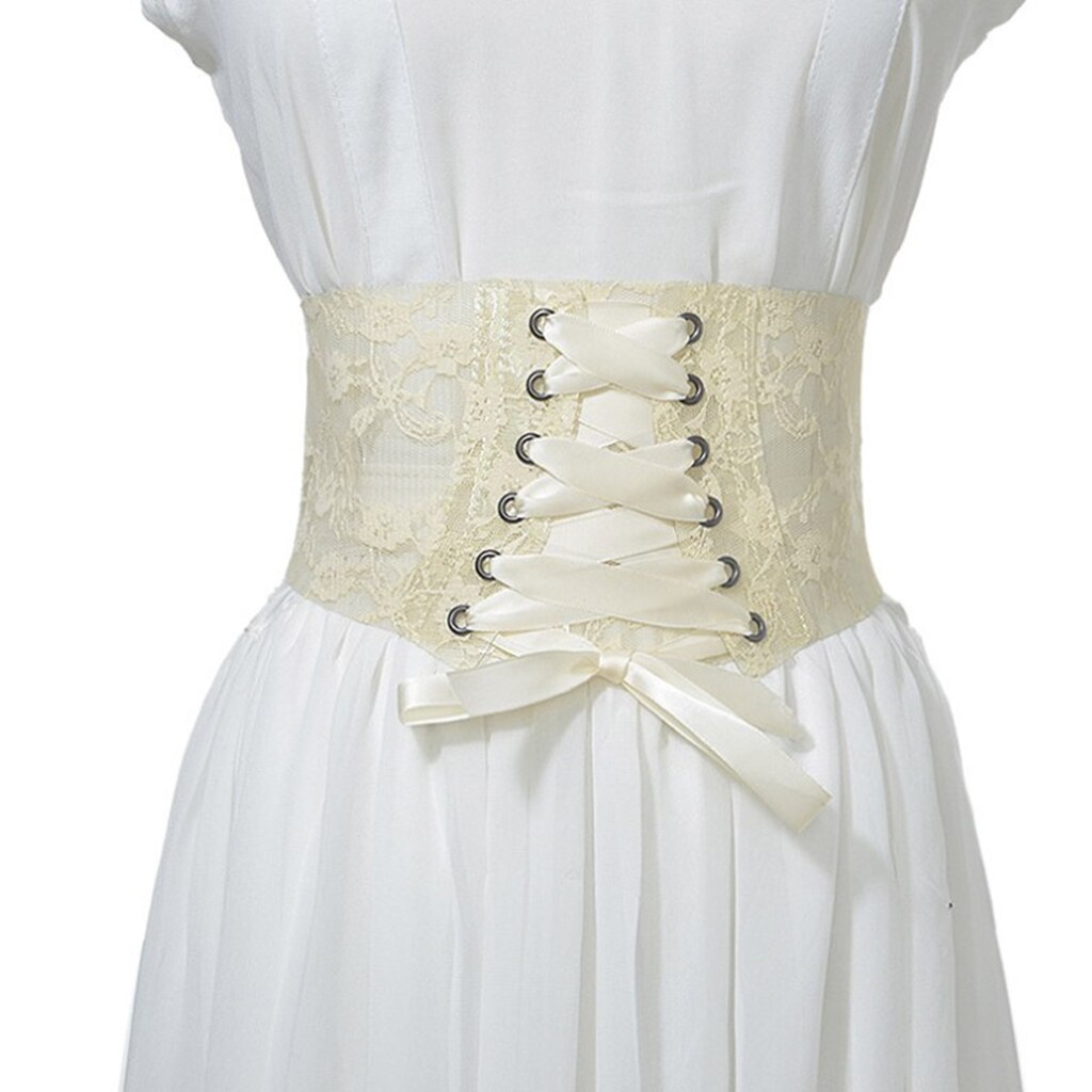 Cinturón ancho de encaje tipo corsé negro y beige para mujer, tipo obi, con lazo para la cintura, accesorio decorativo para vestido de novia.