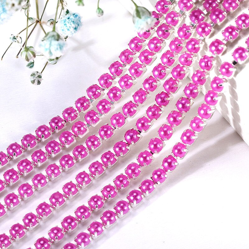2Mm Crystal Pearl Rhinestone Chain Silver Base Cup Parel Ketting Voor Naaien Diy Kledingstuk Accessoires Trim: 2mm-1 yard / Rose