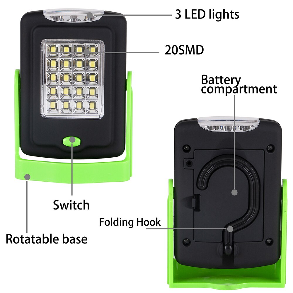 Linterna LED con soporte de farol para trabajo, gancho giratorio colgante, lámpara de luz nocturna de rotación, resistente al agua, 20LED