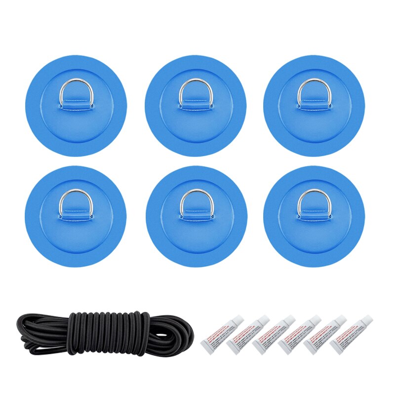 6 stuks/partij surfplank, dinghy, boot, pvc-patch met roestvrijstalen d-ring, dekbevestiging, sup ronde ringpad, 5m elastische bungee-touwset: Hemelsblauw