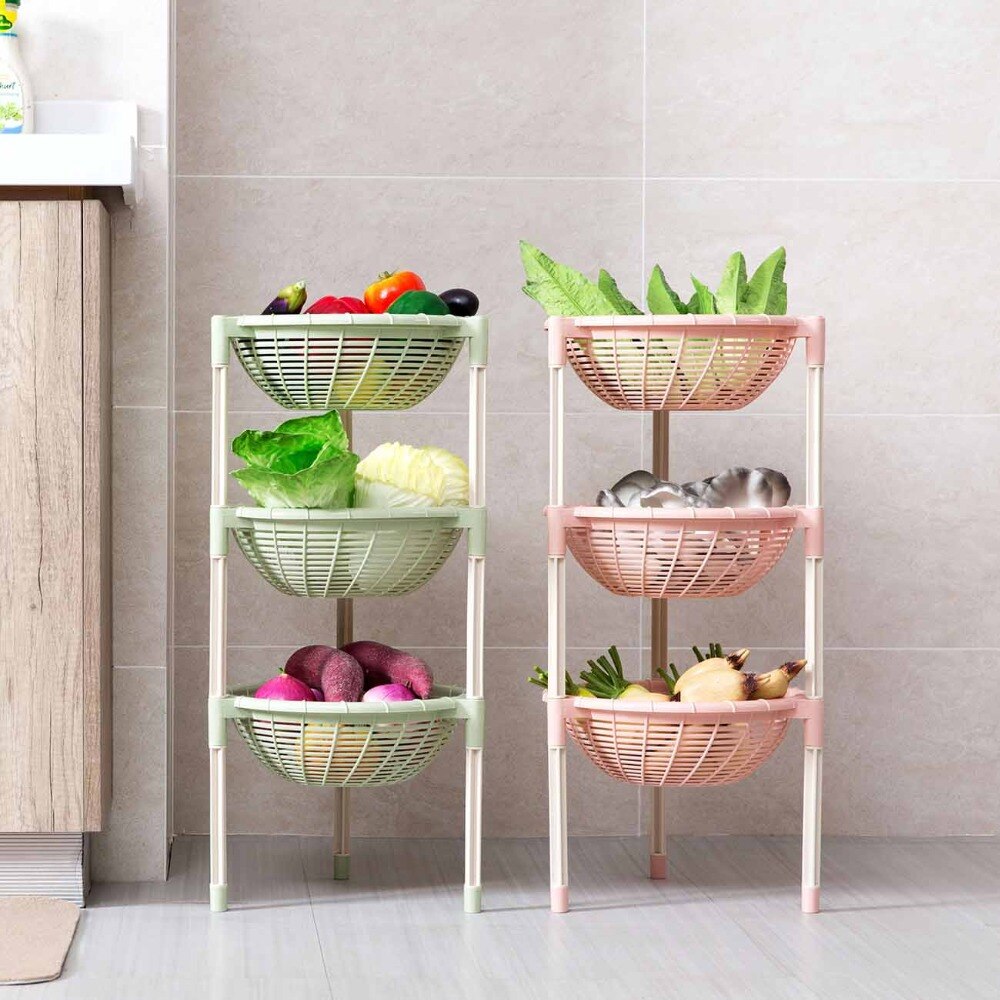 3 Layers Kitchen Round Drain Storage Rack Dishes Fruit Vegetable Sundries Storage Shelf Plastic Home Stand Organizer