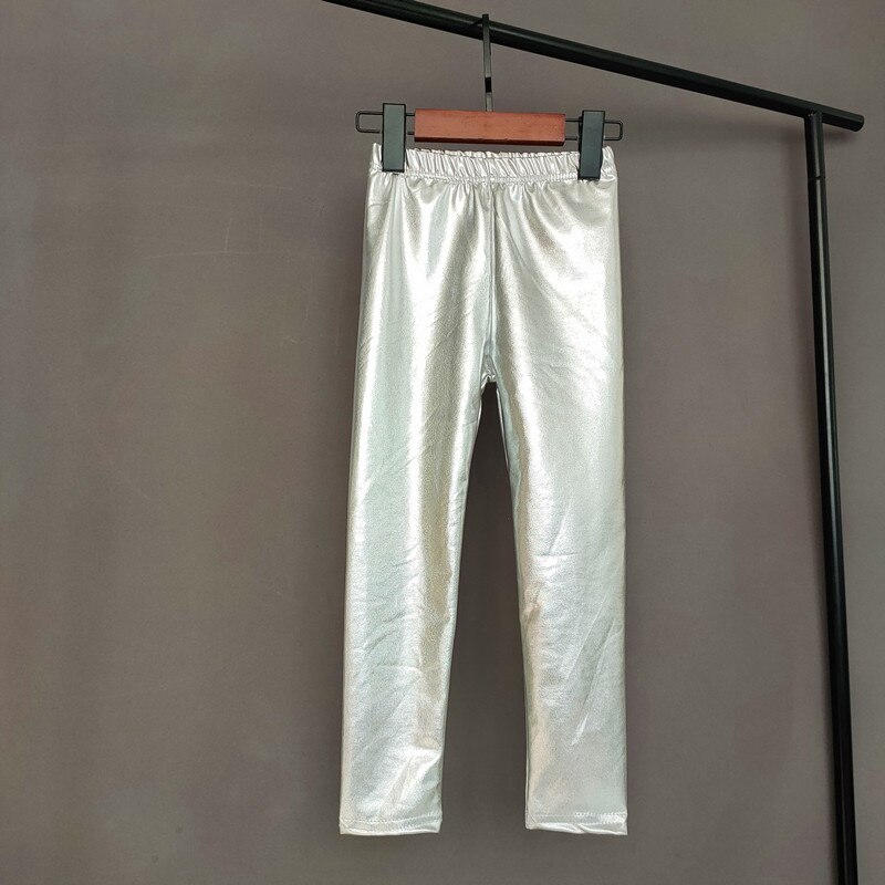 Złoto srebrne spodnie dla dzieci dziewczyny wiosna jesień dzieci elastyczne Faux skórzane legginsy smukłe spodnie ołówkowe dziewczyny legginsy: Sliver / 4T(110)