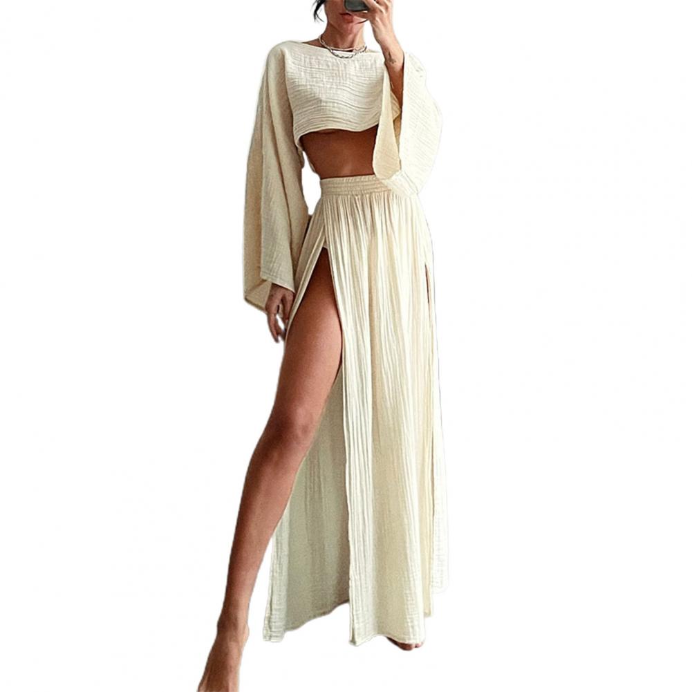 2 Teile/satz Frauen Crop Top Rock Set Schräg Hals Kurze Top Split Rock Strand Bikini Coverup Club Party Top Röcke Setnostice: XL / WHITE