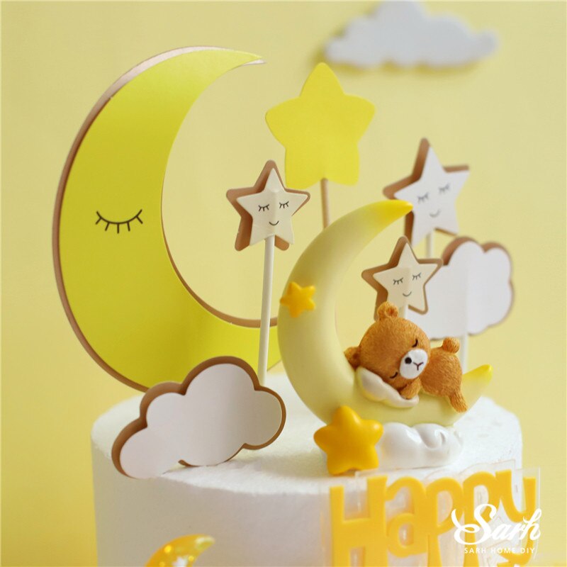 Lyserød gul måne bjørn kanindekoration tillykke med fødselsdagskage topper til børn kid bryllupsfest bagning forsyninger dejlige