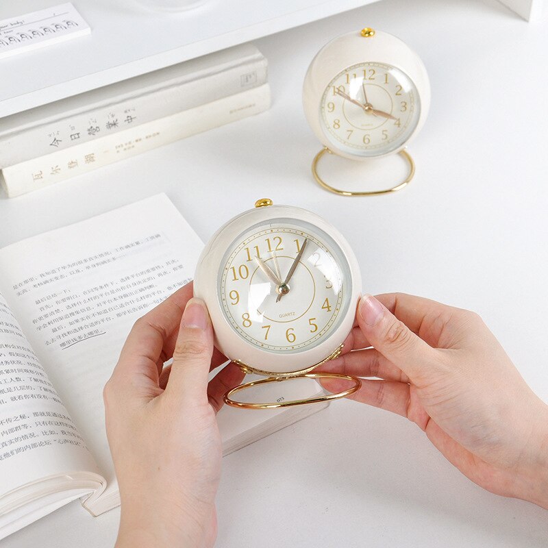 Europe Table Clock Metal Glass Alarm Clock Cute Mini Desk Watch with LUMINOVA Night Light Home Living Room Decoration
