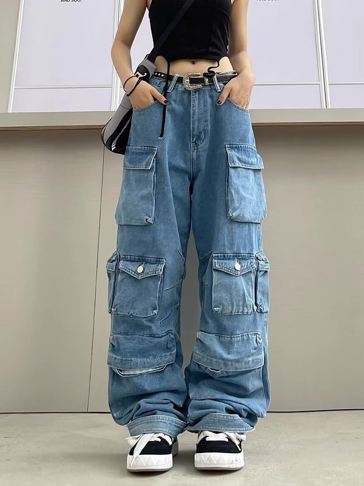 Calças jeans largas largas folgadas femininas, calças cargas com vários bolsos, roupas de rua Harajuku, jeans azul lavado vintage feminino, moda outono, Y2k: XXL