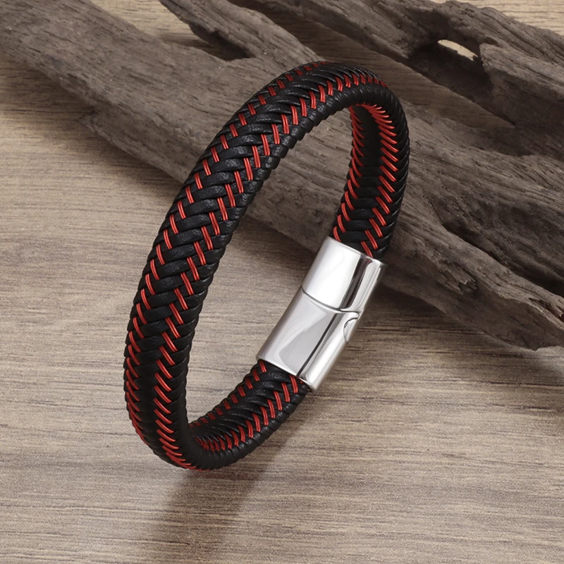 Fashionable and Simple Red Braided Leather Rope Bracelet Black Magnetic Buckle Bracelet for Men: Dark Gold