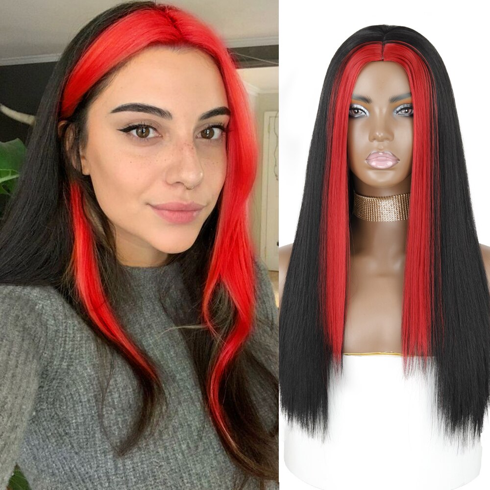 Azqueen zwarte roze lange rechte pruik voor meisjes, roze haar aan beide kanten, middenscheiding, hittebestendige rechte cosplaypruik voor vrouwen: 2052-1b-1164