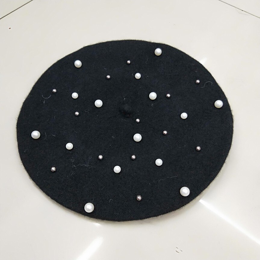 Boina francesa sólida invierno perla lana sombrero mujer dulce gorro esquí gorras amor para chica amiga: Black