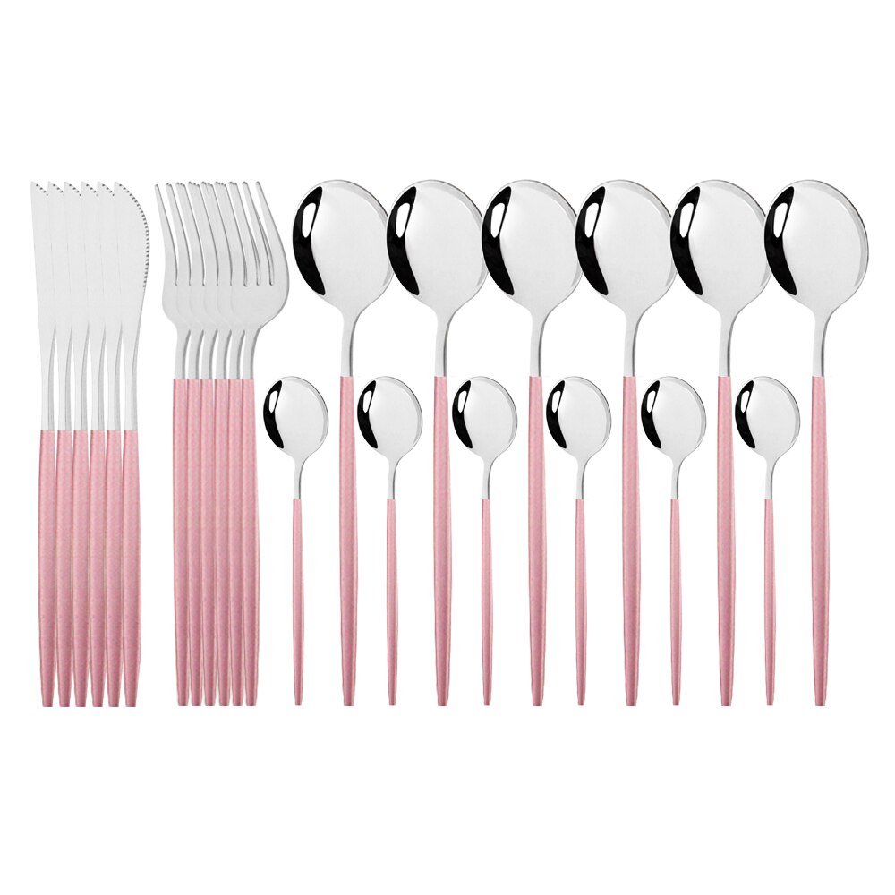 Pink Gold Cutlery Set Stainless Steel Dinnerware Set 24Pcs Knives Forks Coffee Spoons Flatware Set Kitchen Dinner Tableware Set: Pink Silver
