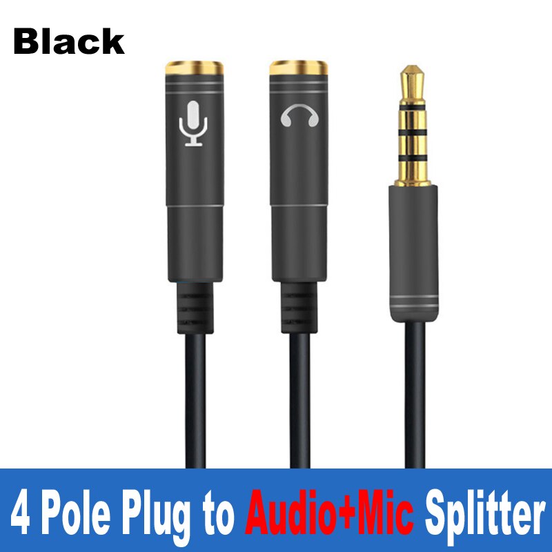 Mini jack 3.5 mikrofon hovedtelefoner y splitter adapter kabel ,3 5 minjack stereo lyd &amp; mic stik  to 4 polet jack hovedtelefon øretelefon: 4 polet splitter-bk
