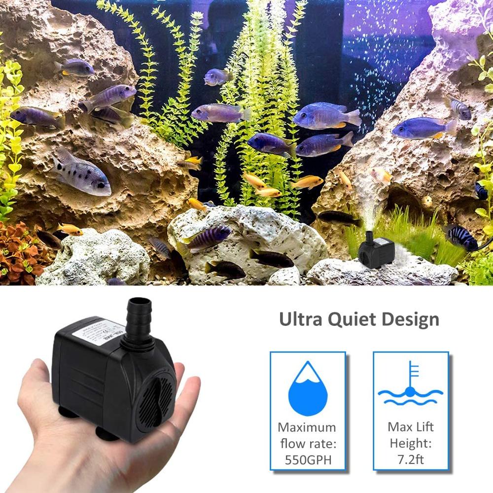 550GPH 30W CE Ultra Quiet Submersible Fountain Water Pump, 2000L/H, with 7.2ft High Lift, 3 Nozzles for Aquarium, Fish Tank, P
