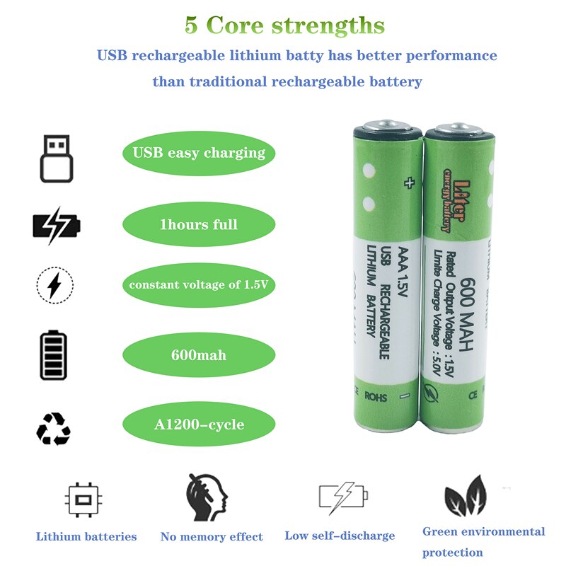 1.5V Aaa Batterij 600Mah Usb Oplaadbare Batterij 1.5V Voor Afstandsbediening Speelgoed Aaa Batterijen