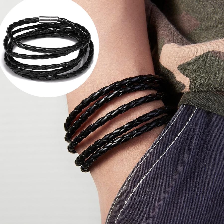 5 Multi-layer Mannen Gevlochten Lederen Armbanden Armband Zwart Handgemaakte Weven Wrap Armband Sieraden Punk Stijl
