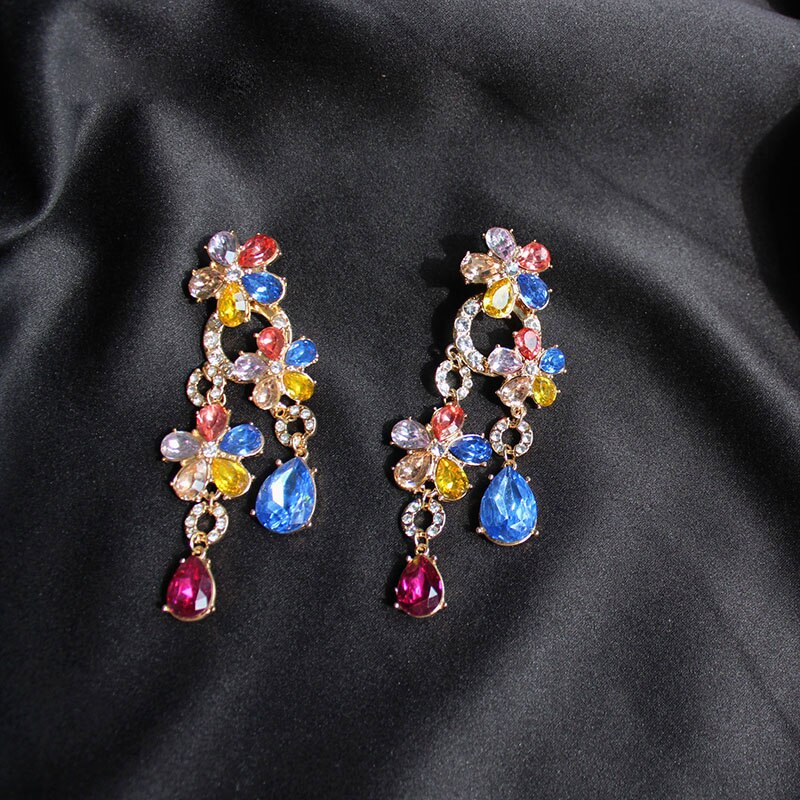 Colorful Zircon Crystals Long Women Earrings Dangle Earrings Jewelry for Bridal Wedding Luxury CZ Flowers Earrings Jewelry