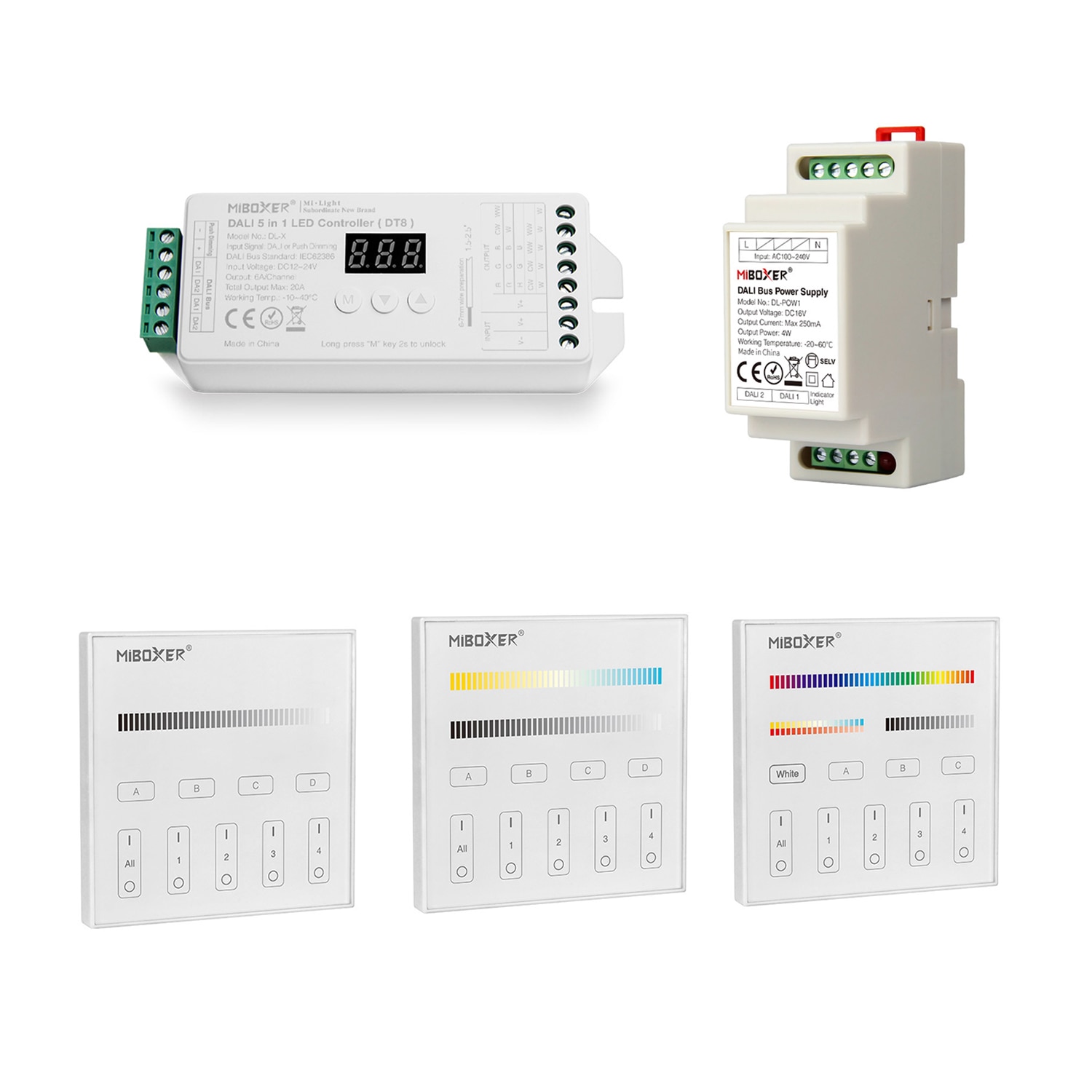 MiBOXER DALI 5 IN 1 DT8 LED Strip Controller DL-X,DC 12~24V compatible DP1S DP2S DP3S remote control/DALI Bus Power Supplly