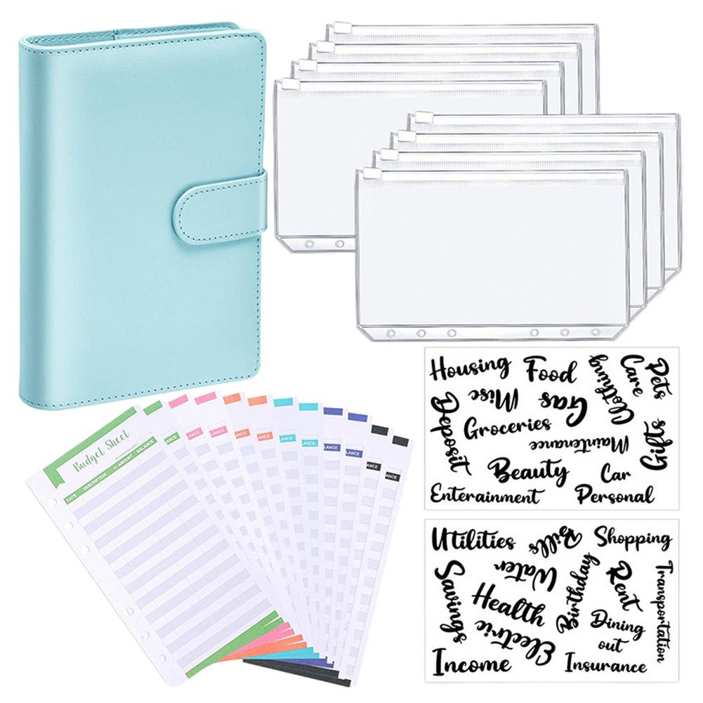 A6 Binder Zipper Bag Notebook Leather PU Loose-leaf Book Budget Handbook With Zipper Pocket Expense Budget Sheets Letter Sticker: sky blue