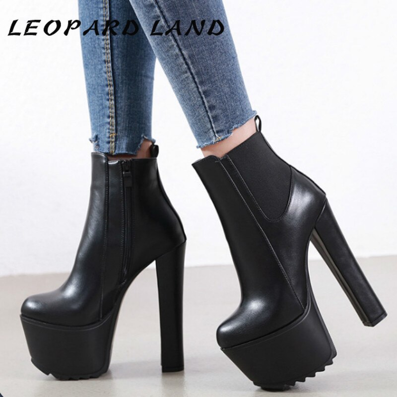 LEOPARD LAND Women's High Heels Winter 16cm Thick Heel Waterproof Platform Boots High Heel Ankle Boots JXQ-8809-6