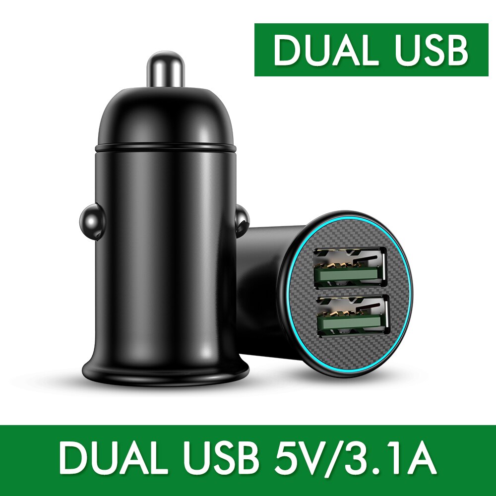 YKZ Car Charger PD 30W Mini Full Metal Dual QC3.0 4.0 USB Car Charger Type C Quick Charge For iPhone Samsung Huawei Mobile Phone: Dual USB 3.1A black