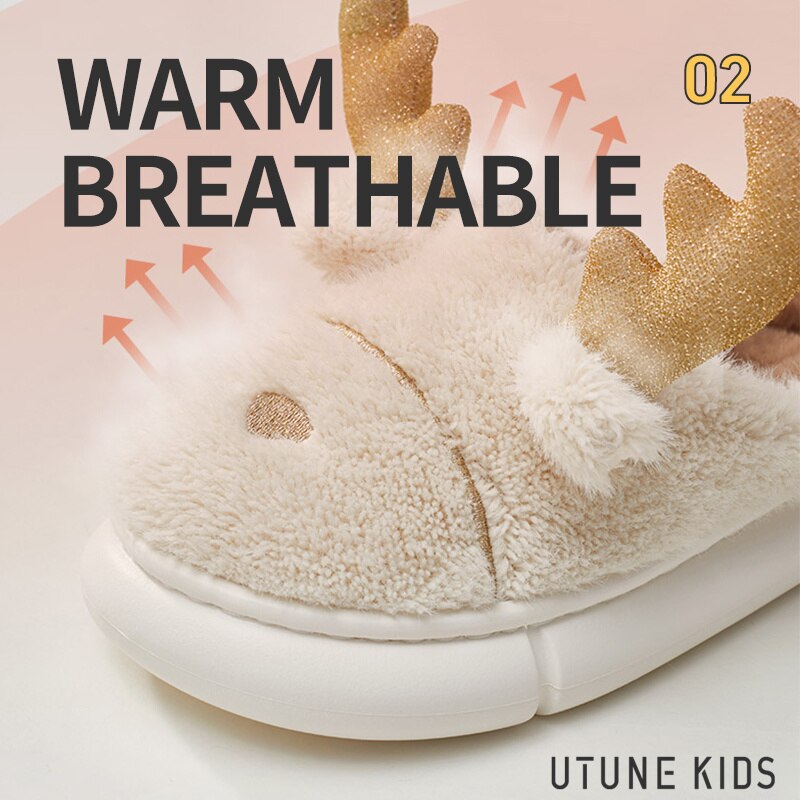 UTUNE KIDS - Zapatillas de Navidad de alce para niños, zapatos esponjosos de dibujos animados para niños mayores de 2/3/4/5, Casa con plataforma cálida