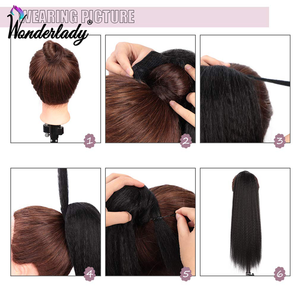 WonderLady Afro Yaki Straight Drawstring Ponytail Synthetic Hair Extensions Long Hairpiece Wrap Around Ponytail For Women Black