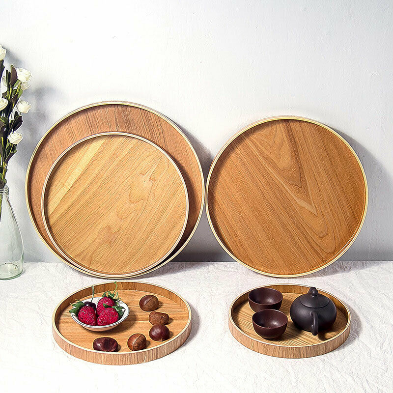 Wooden Round Serving Tray Wood Plate Tea Food Dishe Drink Platter Food Server Plate Dinner Beef Steak Fruit Snack Dessert Tray