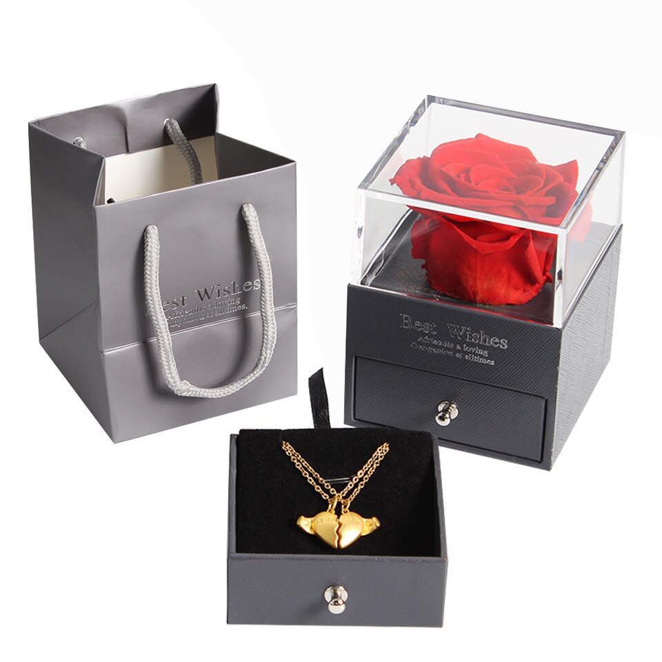 Preserved Real Rose Jewelry Box with Necklace Holder Immortal Flowers Forever Blossom Wedding Birthday Set for Women: red with necklace