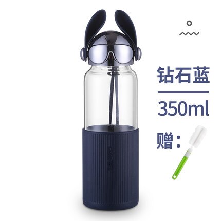 Botellas de agua de vidrio portátiles creativas de dibujos animados con tapa brillante para perro, bonita botella de agua con personalidad para chica estudiante: Blue bottle