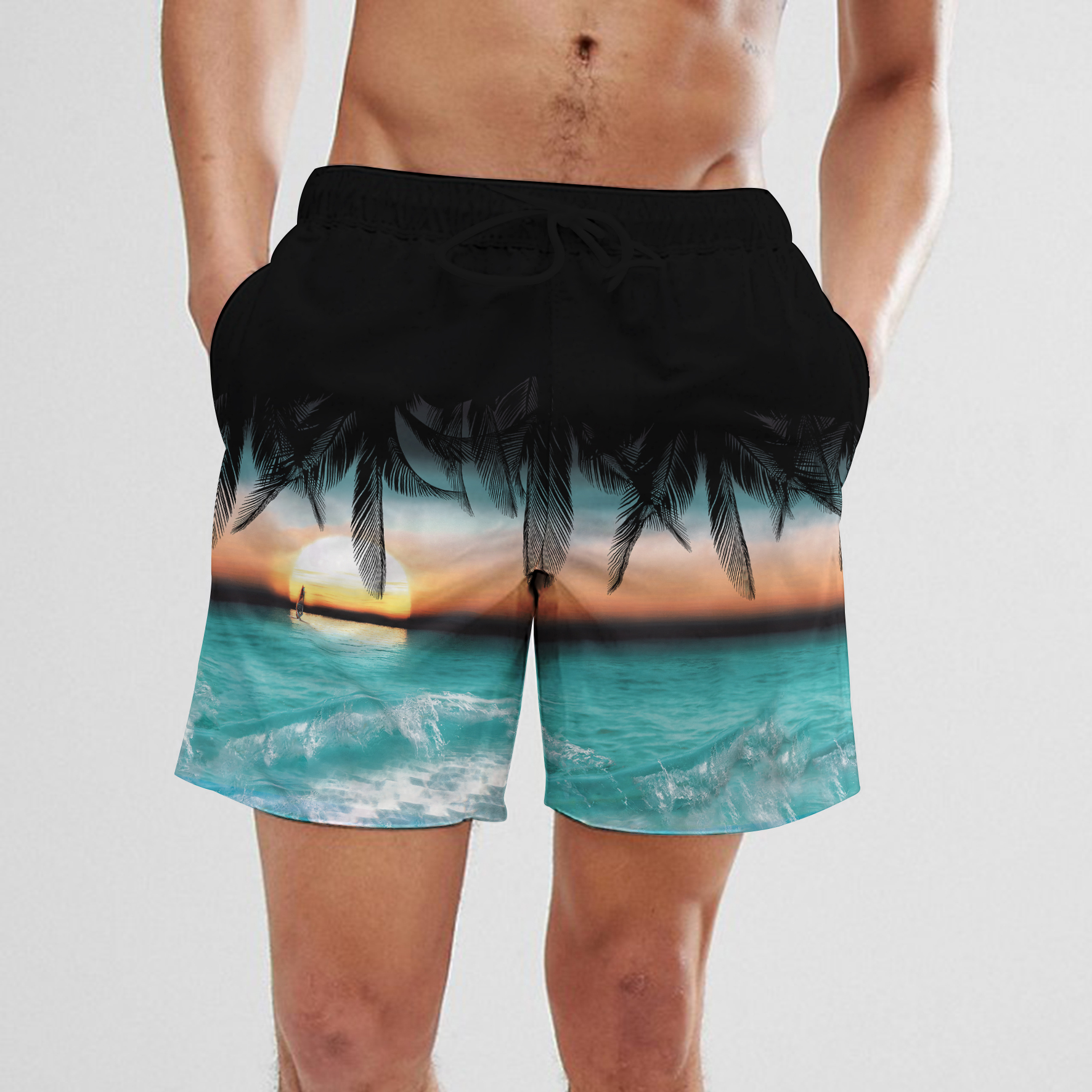 SummerFashion dessin animé cocotier voiture impression numérique hommes cordon Shorts séchage rapide hawaïen plage Fitness décontracté court: 5XL / Bleu