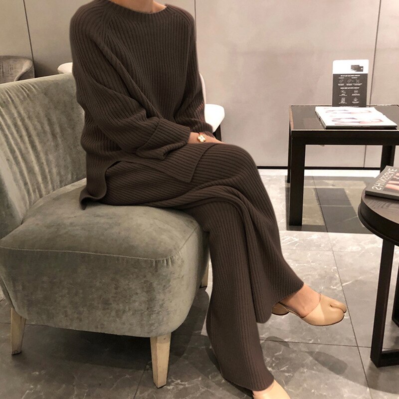 Sweater Suit Round Neck Side Slit Knitted Sweater All-match Drape Wide-leg Pants Trousers Two-piece Suit: 03