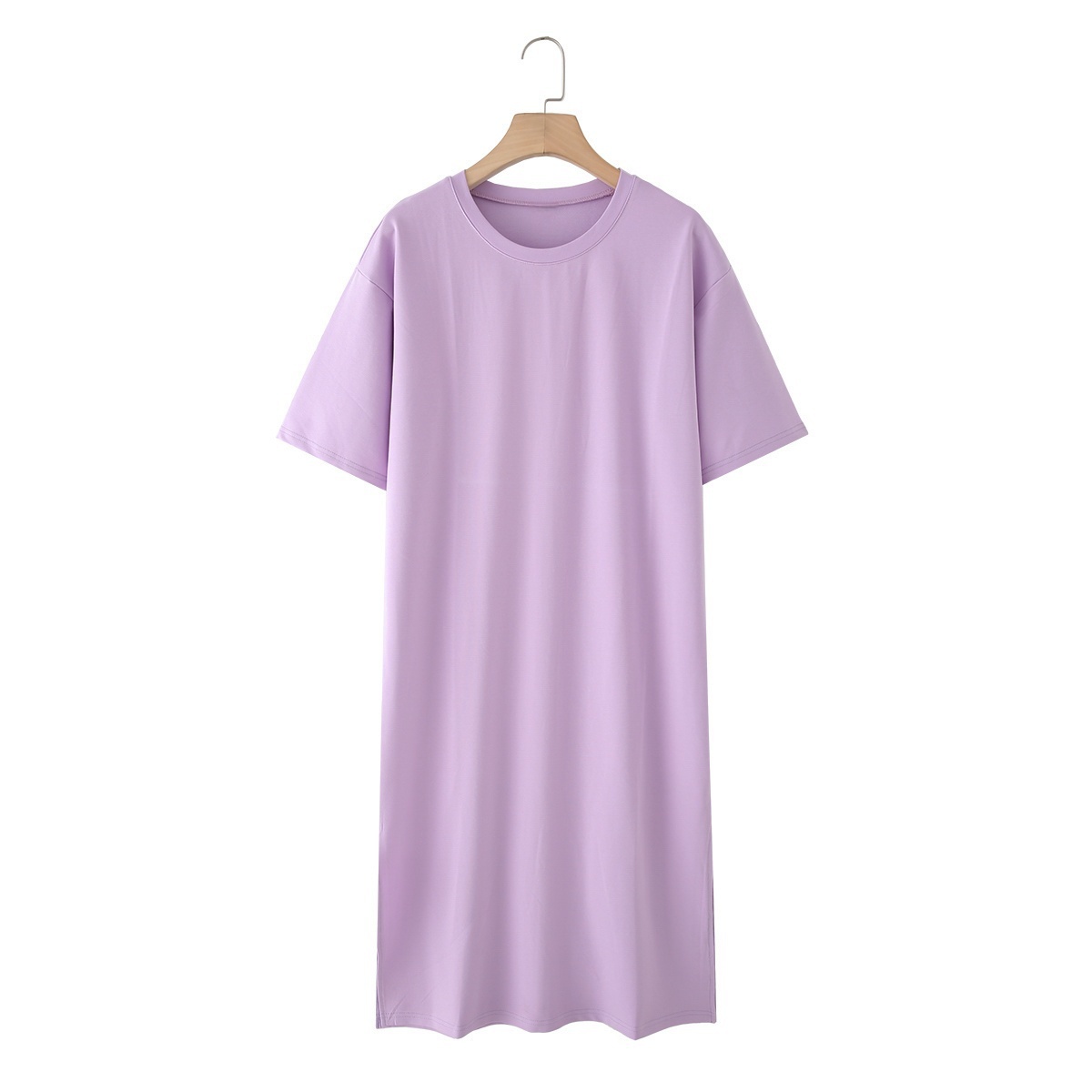 UNIZERA Summer Women's Lazy Simple Short-sleeved Round Neck T-shirt Dress Versatile Loose Slit Long Skirt: M / PURPLE