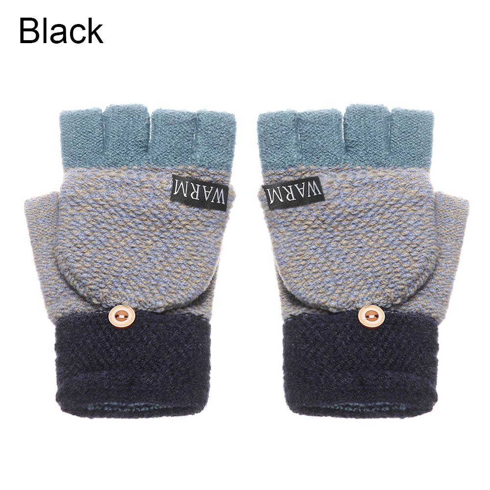 Winter Warm Thickening Wool Gloves Knitted Flip Fingerless Flexible Exposed Finger Thick Mittens for Men Women: black