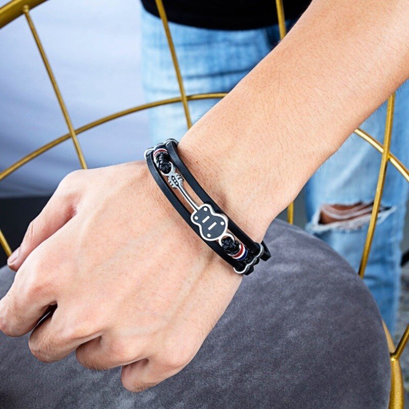 Pulsera de cuero multicapa para hombre, guitarra de acero inoxidable, estilo Hip Hop