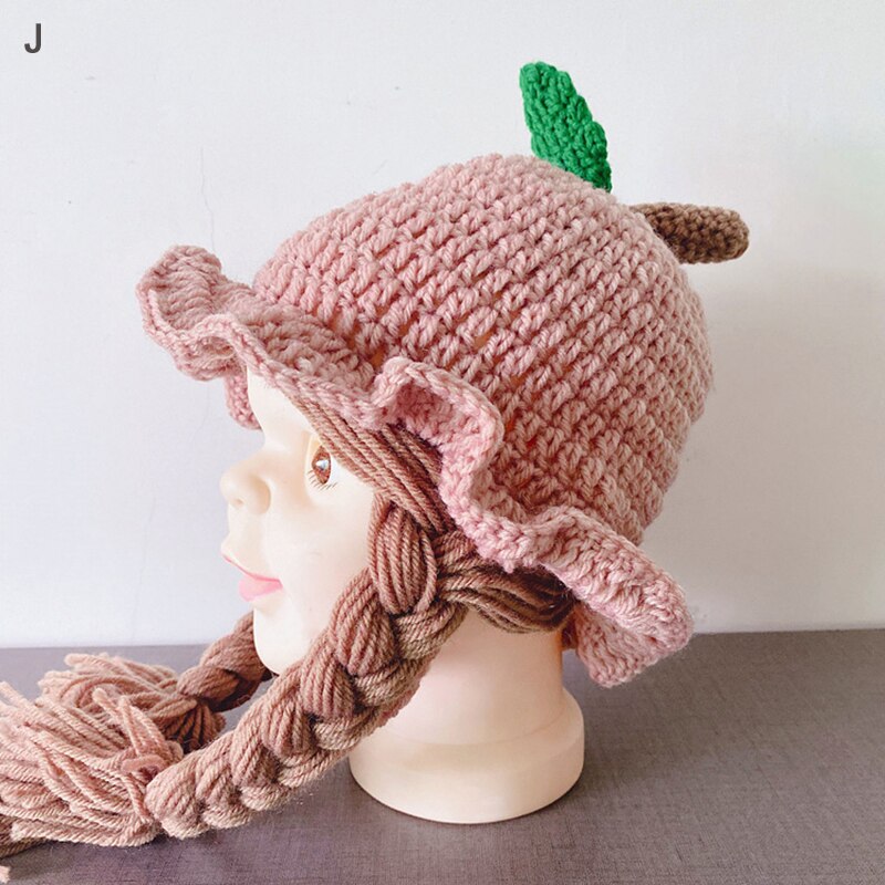 Bebis barn stickad peruk mössa handgjorda småbarn barn äppelstjärnor ull kntting kepsar flätor foto rekvisita huvudbonader 1-5 år: J