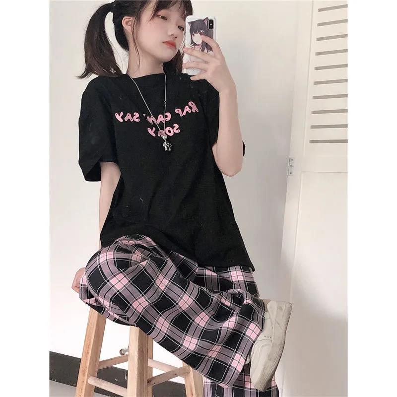 Pantalones a cuadros negros y rosas de gran tamaño para mujer, pantalón informal holgado de pierna ancha, Pantalones rectos Retro para adolescentes, ropa de calle de hip hop