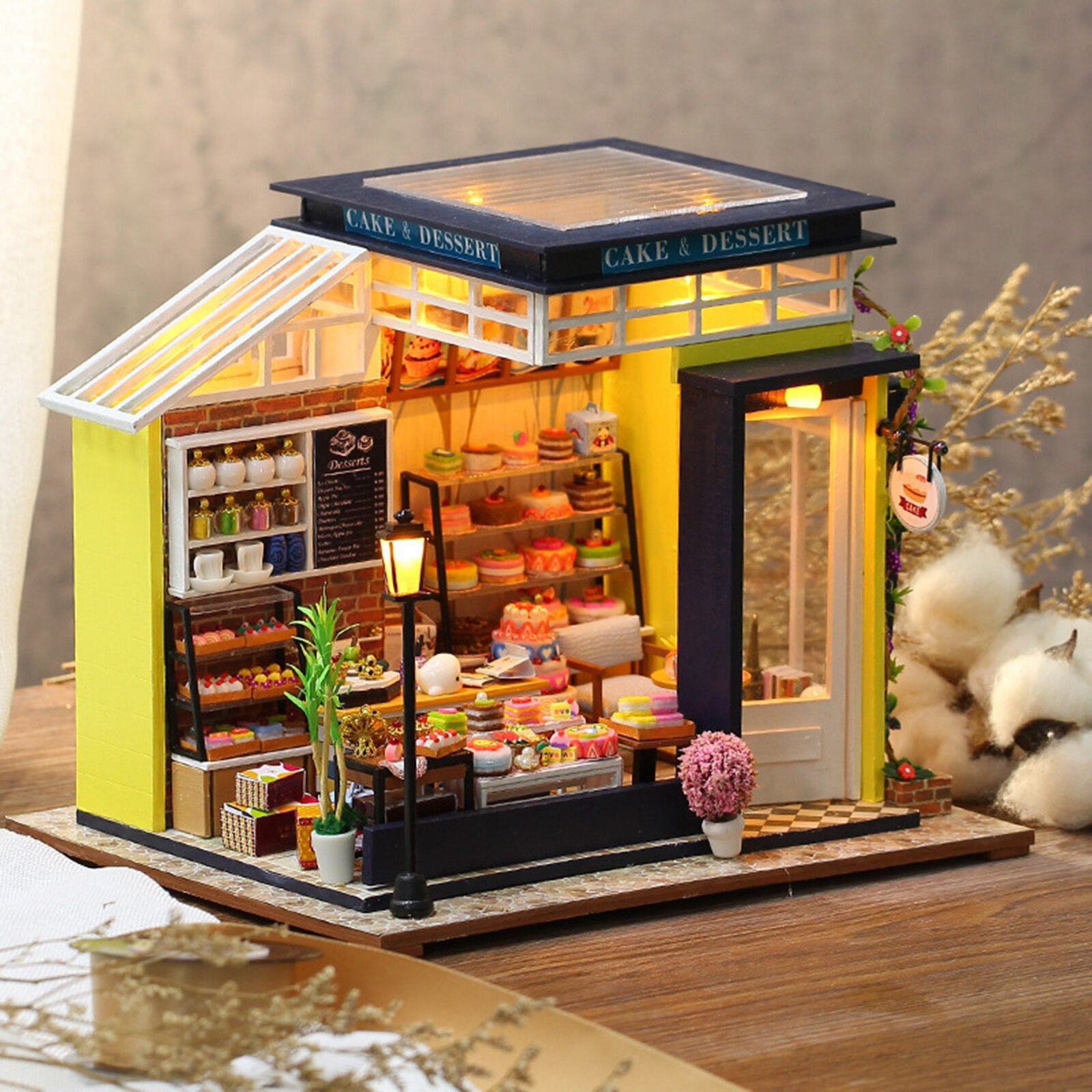 3D LED DIY Miniature DollHouse 1:12 Baking Shop Furniture Kit Toy Year Birthday Romantic: without cover