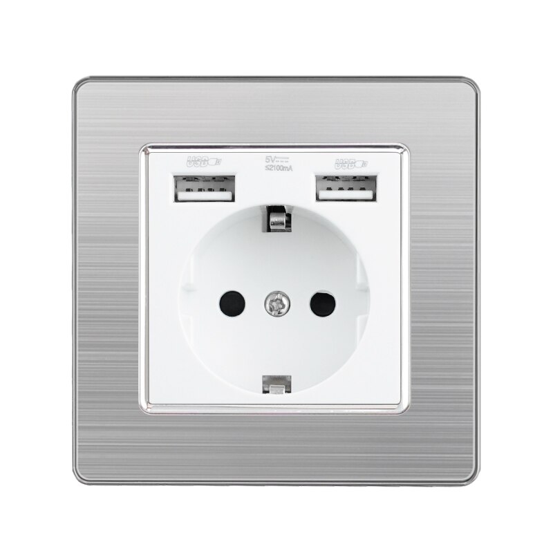Electrical Outlets EU/France UCB Combination Power Socket 2.1A Dual USB Charging Dedicated Port White Stainless Steel Panel: EU Socket Double USB