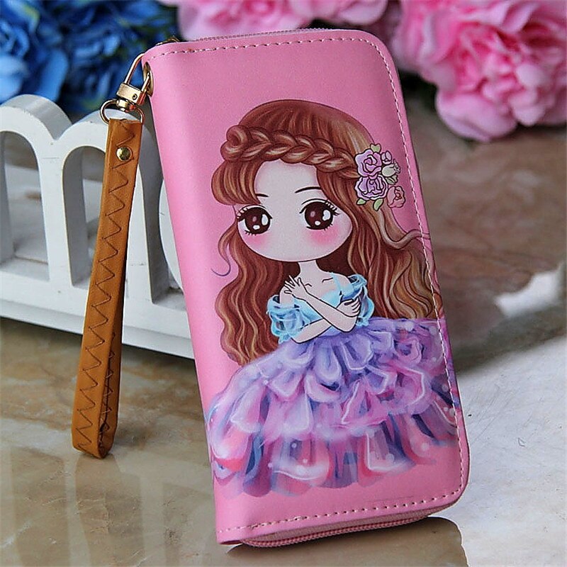 Lovely Women Girl Long Cartoon Raffiti Wallet Bag with Strap Card Holder Coin Purse Change Wallet Zip PU Leather Letter Handbags: 1