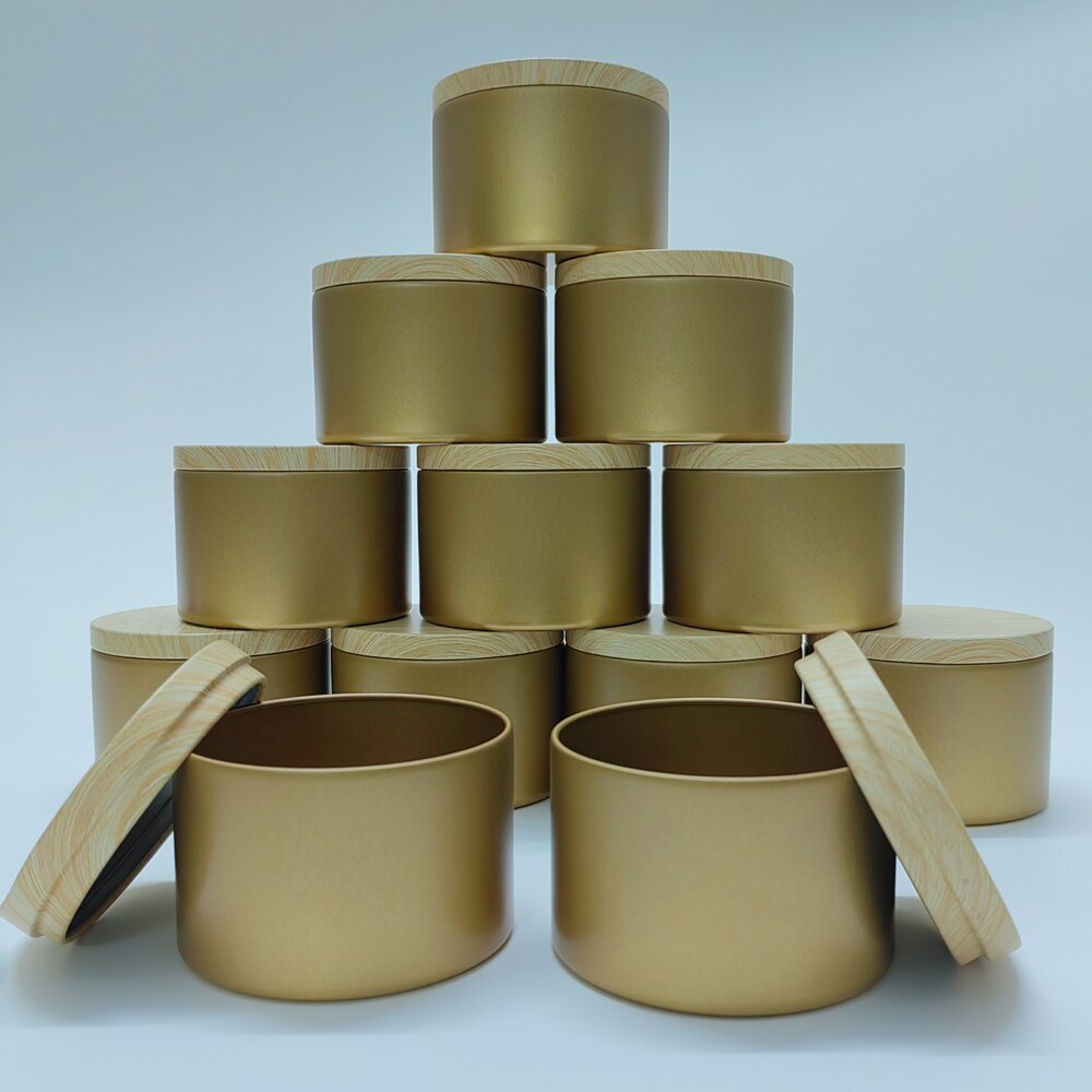 8oz Luxury Candle Jars with Wood Pattern Lid Bulk Round Candle Container Tins Empty Candy Storage Box Cosmetic Pot Black Gold