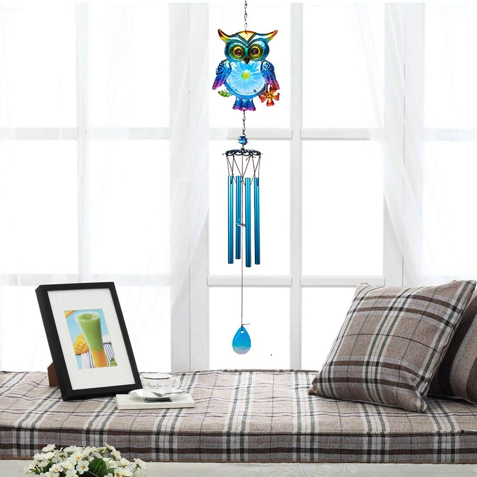 Windgong, Cartoon Uil-Vormige Windbell Decoratieve Hangers Ornamenten Voor Home Office Cafe Winkel, blauw/Geel/Rood