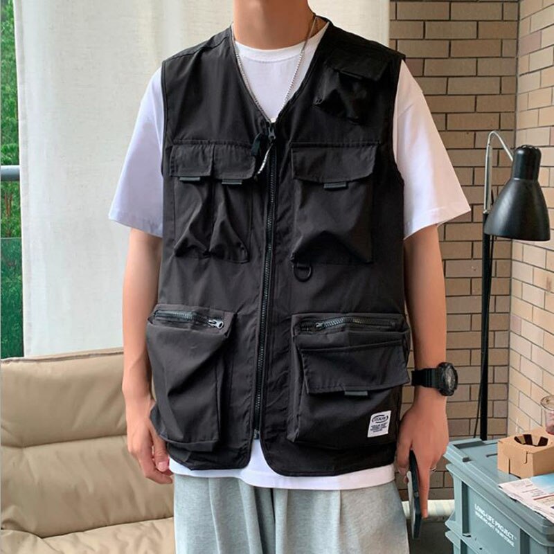 Autumn Mens Tooling Vest Men Streetwear Cargo Vest Hip Hop Sleeveless Jacket Korean Gilet Multi-Pocket Outdoor Coat: black / Asian XXL