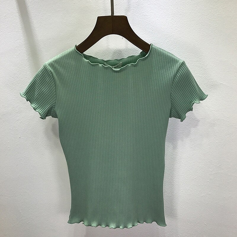 Camiseta deportiva informal para mujer, Top de Yoga transpirable con volantes, Top de manga corta suave de Color sólido, camiseta elástica de uso diario para mujer: Green